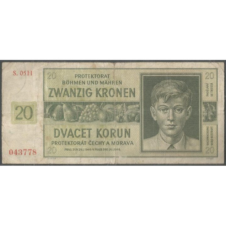 Bohemia & Moravia 20 Korun 24 Ene 1944 P9a3