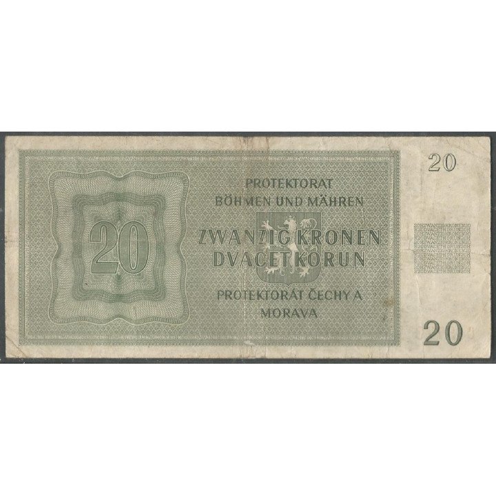 Bohemia & Moravia 20 Korun 24 Ene 1944 P9a3