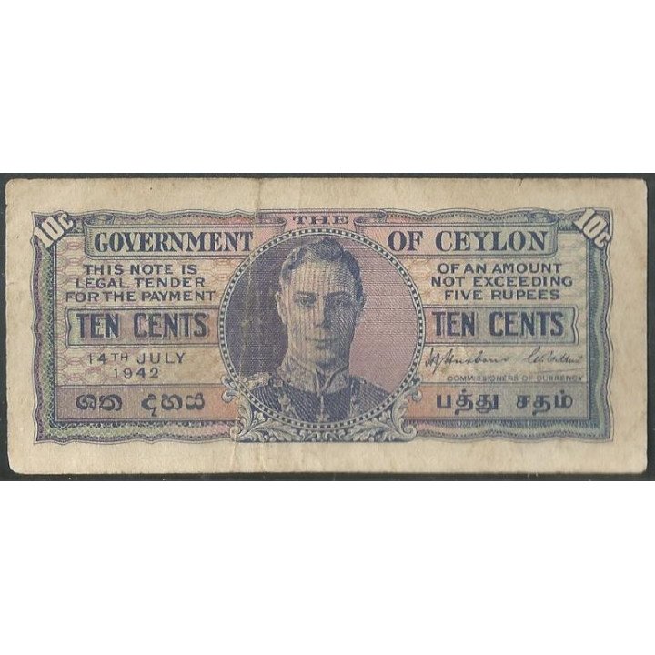 Ceylan, 10 Cents 14 Jul 1942 P43a