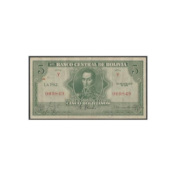 Bolivia 5 Bolivianos L 20 Jul 1928 Serie Y P129