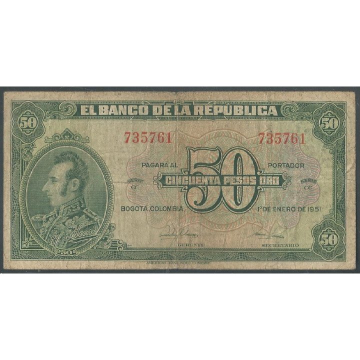 Billete de 50 Pesos 1 Ene 1951 6 Dig BGW254