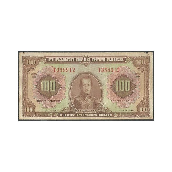 Billete de 100 Pesos 1 Ene 1951 7 Dig BGW290 reverso