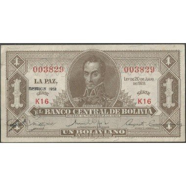 Bolivia, 1 Boliviano L 20 Jul 1928 Serie K16 P128c