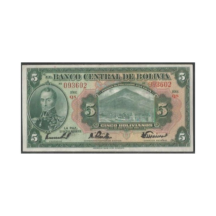 Bolivia 5 Bolivianos L 20 Jul 1928 Serie Q8 P120a