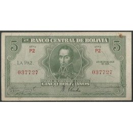 Bolivia 5 Bolivianos L 20 Jul 1928 Serie P2 P129