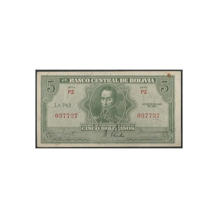 Bolivia 5 Bolivianos L 20 Jul 1928 Serie P2 P129