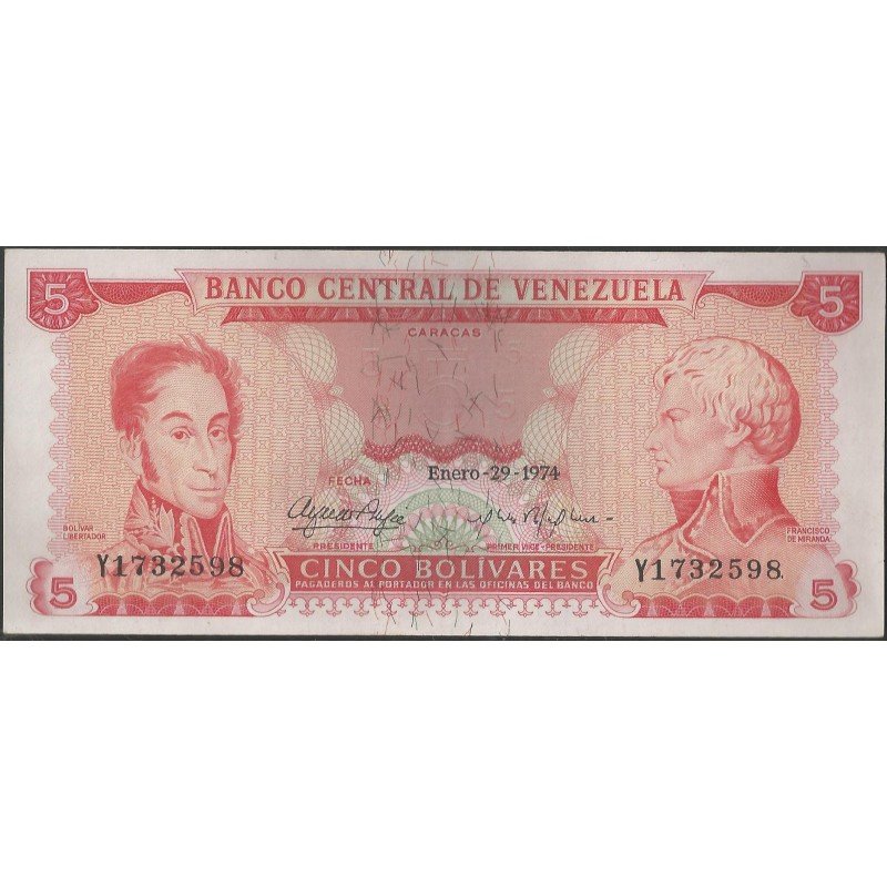 Venezuela, 5 Bolivares 29 Ene 1974 Y 7 Dig P50h