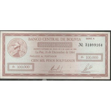 Bolivia, 100.000 Pesos Bolivianos 21 Dic 1984 Serie A P188