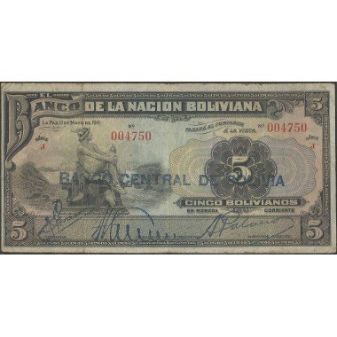 Bolivia, 5 Bolivianos ND1929 Serie J P113