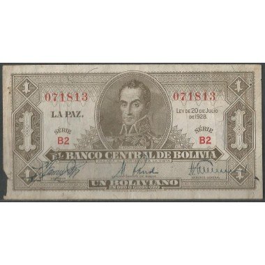 Bolivia, 1 Boliviano L 20 Jul 1928 Serie B2 P128a