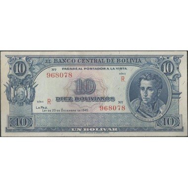 Bolivia, 10 Bolivianos L 20 Dic 1945 Serie R P139d