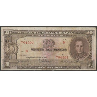 Bolivia, 20 Bolivianos L 20 Dic 1945 Serie M P140a