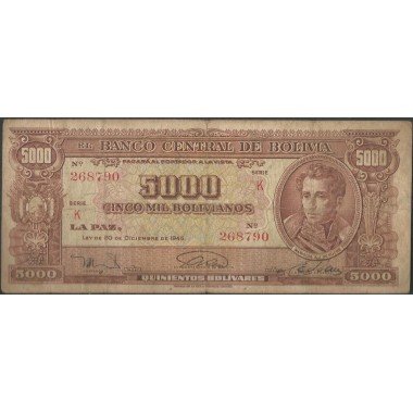 Bolivia, 5.000 Bolivianos L 20 Dic 1945 Serie K P150