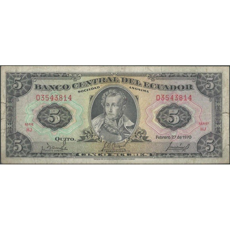 Ecuador, 5 Sucres 27 Feb 1970 HJ Firma 3 Pequeña P113b