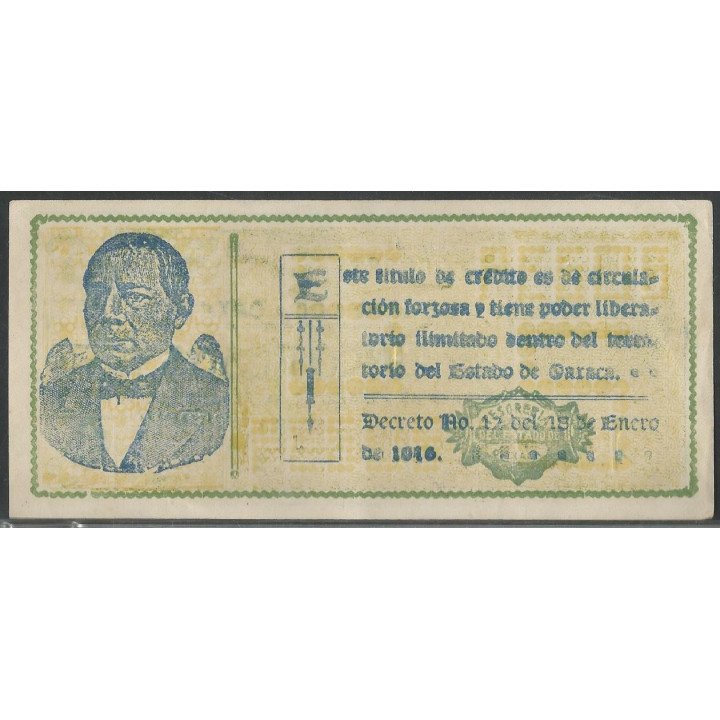 Mexico - La tesoreria General del estado de Oaxaca 5 Pesos 24 Feb 1915 J Ps954 reverso