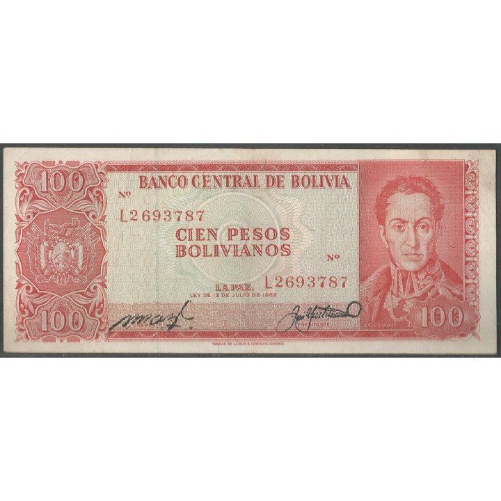 Bolivia 100 Pesos Bolivianos L 13 Jul 1962 Serie L P164c