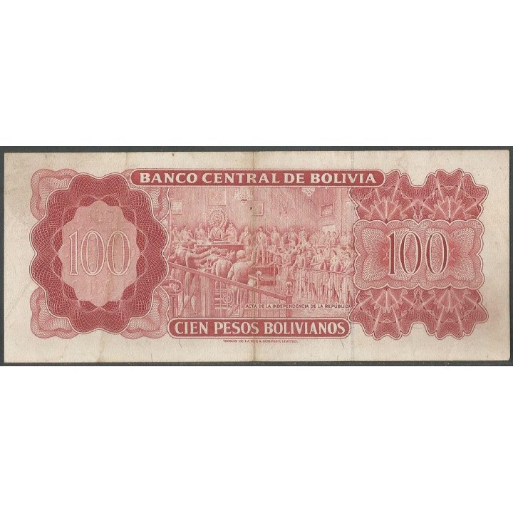 Bolivia 100 Pesos Bolivianos L 13 Jul 1962 Serie L P164c reverso