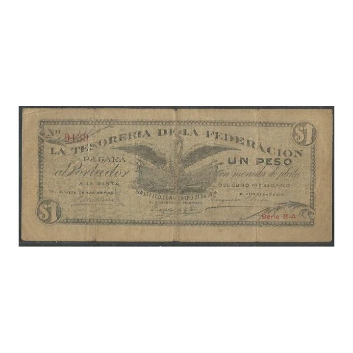 Mexico - La Tesoreria de la Federacion 1 Peso 27 Ene 1914 B-A Ps645