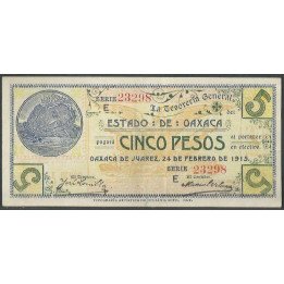 Mexico - La tesoreria General del estado de Oaxaca 5 Pesos 24 Feb 1915 E Ps954