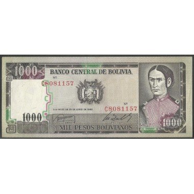 Bolivia, 1.000 Pesos Bolivianos D 25 Jun 1982 Serie C P167a