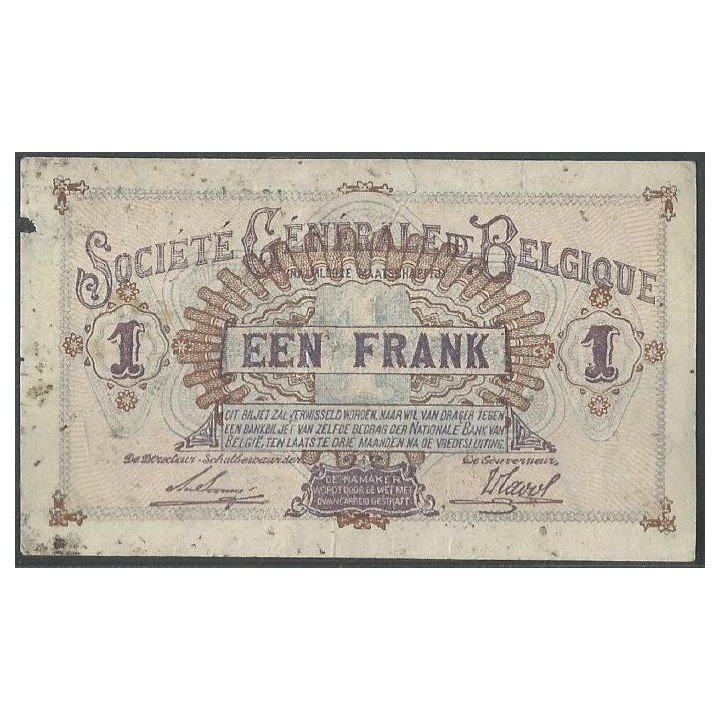 Belgica - Invasion Alemana WWI 1 Franc 16 Sep 1916 P86b reverso