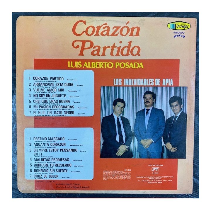 Luis Alberto Posada Corazon partido - Colombia 1989 reverso
