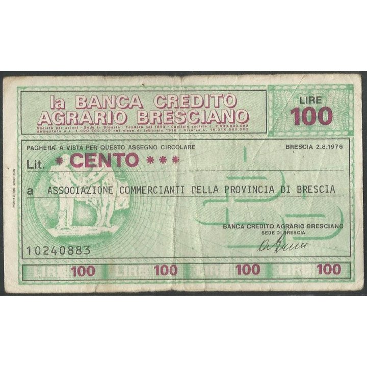 Italia - La Banca Credito Agrario Bresciano 100 Lire 2 Ago 1976