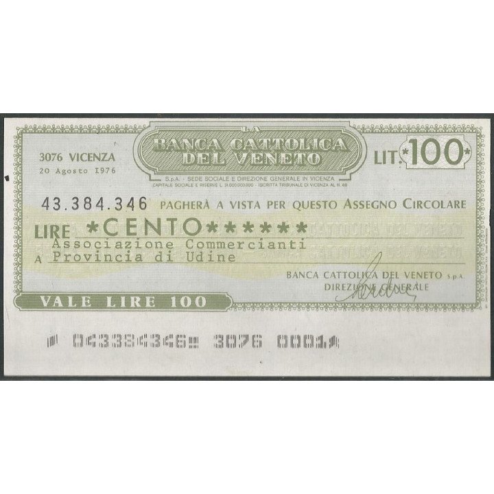 Italia - La Banca Cattolica del Veneto 100 Lire 27 Ago 1976