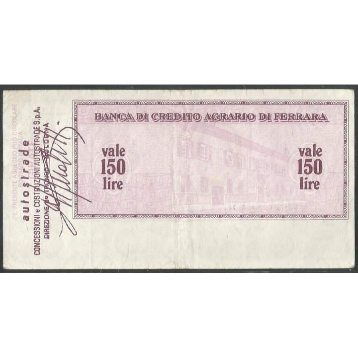 Italia - La Banca di Credito Agrario di Ferrara 150 Lire 13 Sep 1977 reverso