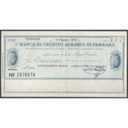 Italia - La Banca di Credito Agrario di Ferrara 200 Lire 10 Ago 1976