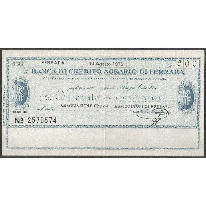 Italia - La Banca di Credito Agrario di Ferrara 200 Lire 10 Ago 1976