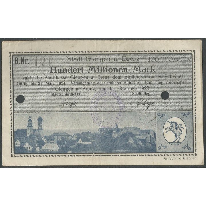Alemania - Giengen A. Brenz 100.000.000 Mark 11 Oct 1923