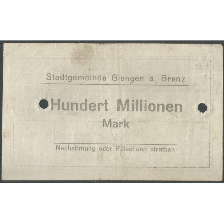 Alemania - Giengen A. Brenz 100.000.000 Mark 11 Oct 1923 reverso