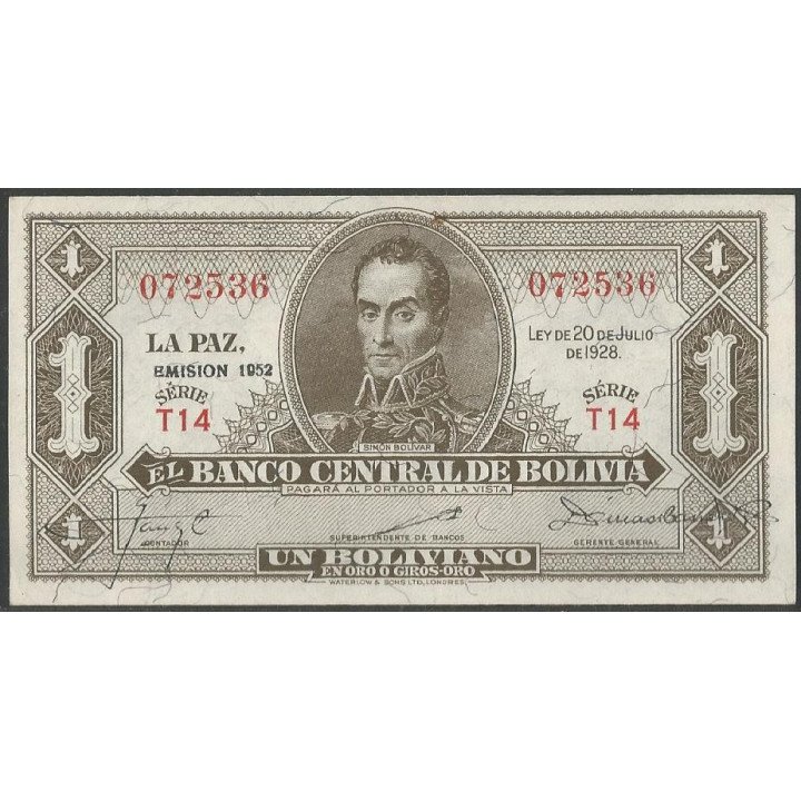 Bolivia 1 Boliviano L 20 Jul 1928 Serie T14 P128c