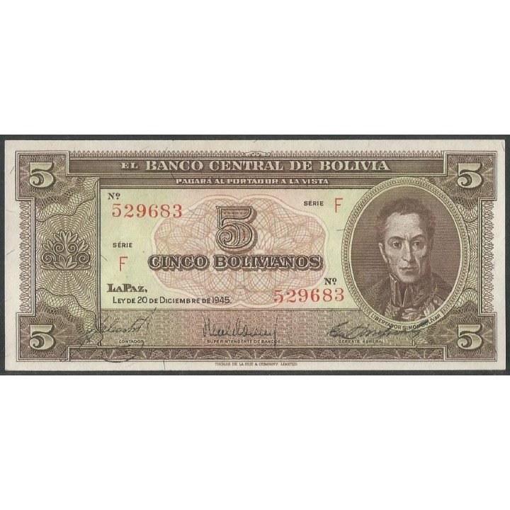 Bolivia 5 Bolivianos L 20 Dic 1945 Serie F P138a