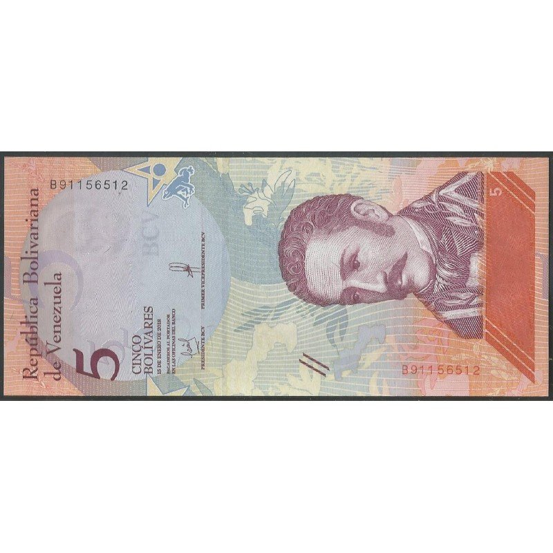 Venezuela, 5 Bolivares 15 Ene 2018 B 8 Dig P102