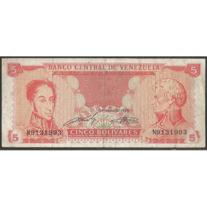 Venezuela 5 Bolivares 21 Sep 1989 N 7 Dig P70a