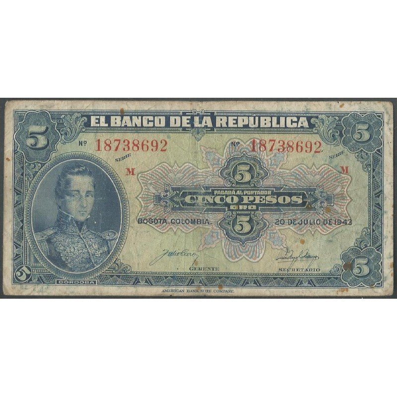 Billete de 5 Pesos 20 Jul 1943 BGW117