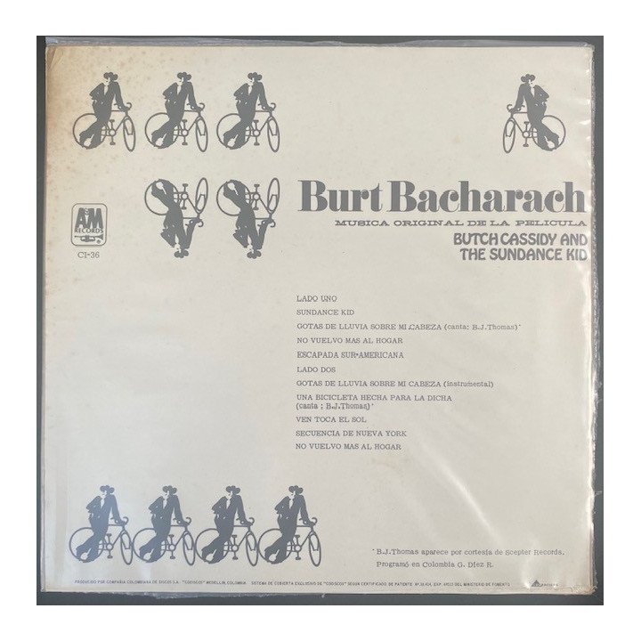 Burt Bacharach Butch Cassidy and the Sundance Kid - Colombia 1985 reverso