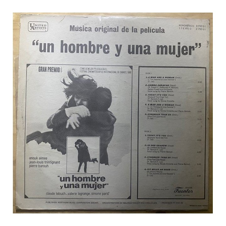 A man and a woman Banda sonora - Colombia 1966 reverso