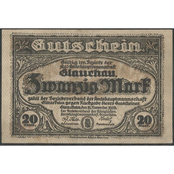 Alemania - Glauchau 20 Mark 15 Nov 1918 reverso