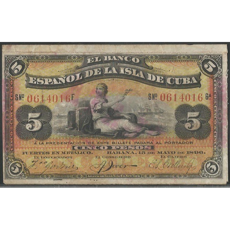 Cuba, 5 Pesos 15 May 1896 "Plata" P48b
