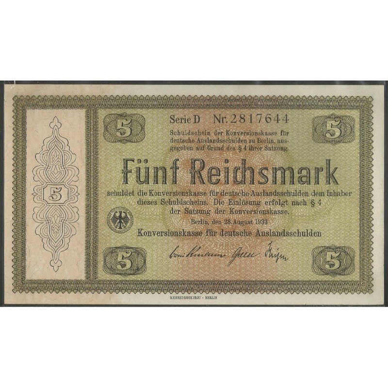 Alemania 3° Reich, 5 Reichsmark 28 Ago 1933 P199