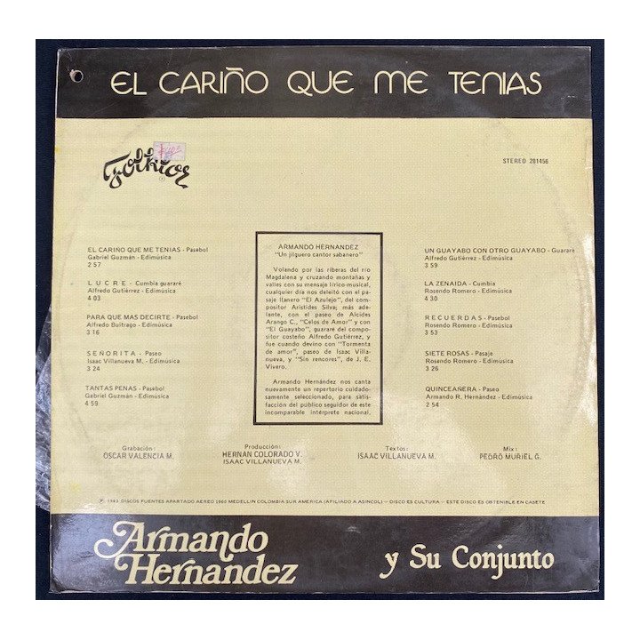 Armando Hernandez y su conjunto El cariño que me tenias - Colombia 1983 reverso
