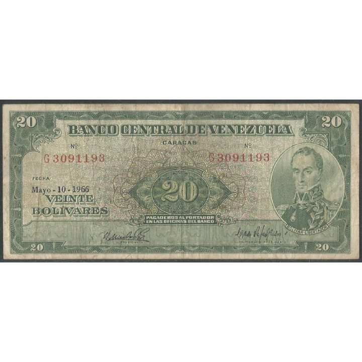 Venezuela 20 Bolivares 10 May 1966 G 7 Dig P43e