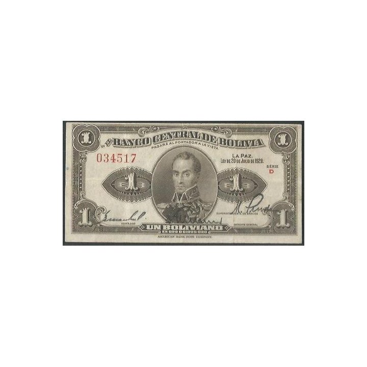 Bolivia 1 Boliviano L 20 Jul 1928 Serie D P119a