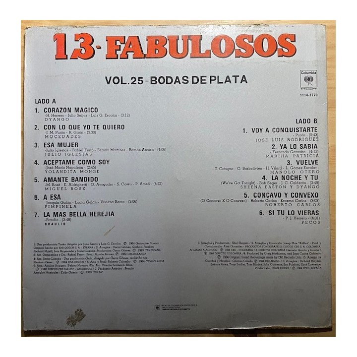 13 Fabulosos Vol 25 Bodas de plata - Colombia 1984 reverso