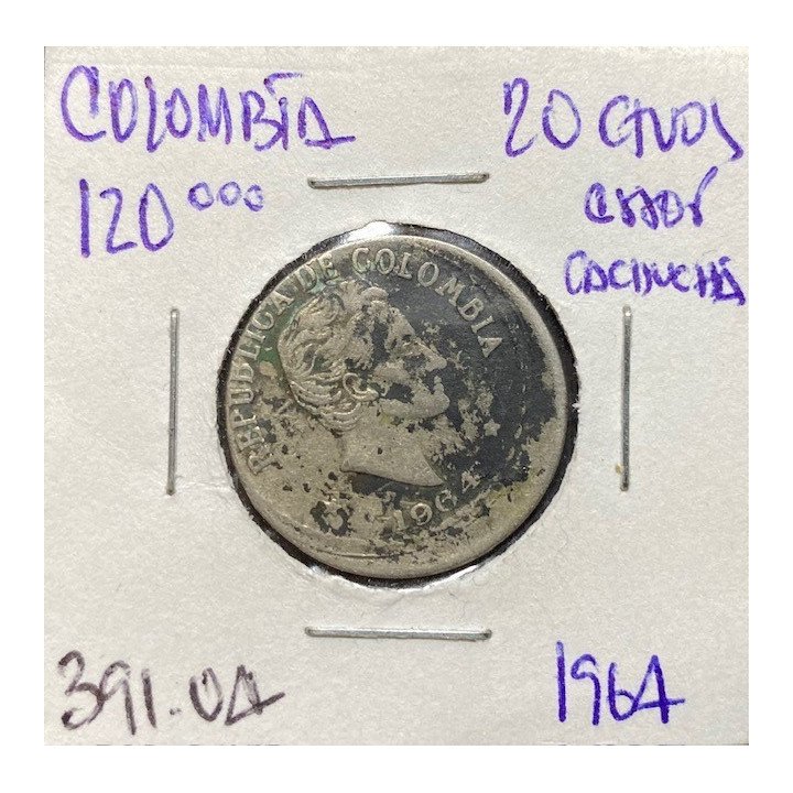 Colombia 20 Centavos 1964 Descentrada - Cachucha JER391.04