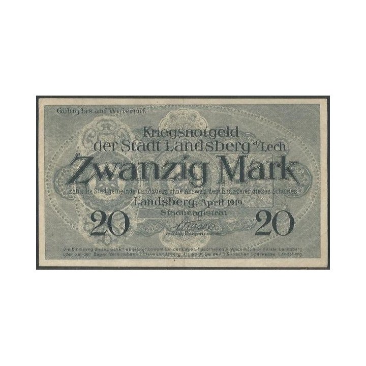 Alemania - Landsberg 20 Mark Abr 1919 reverso