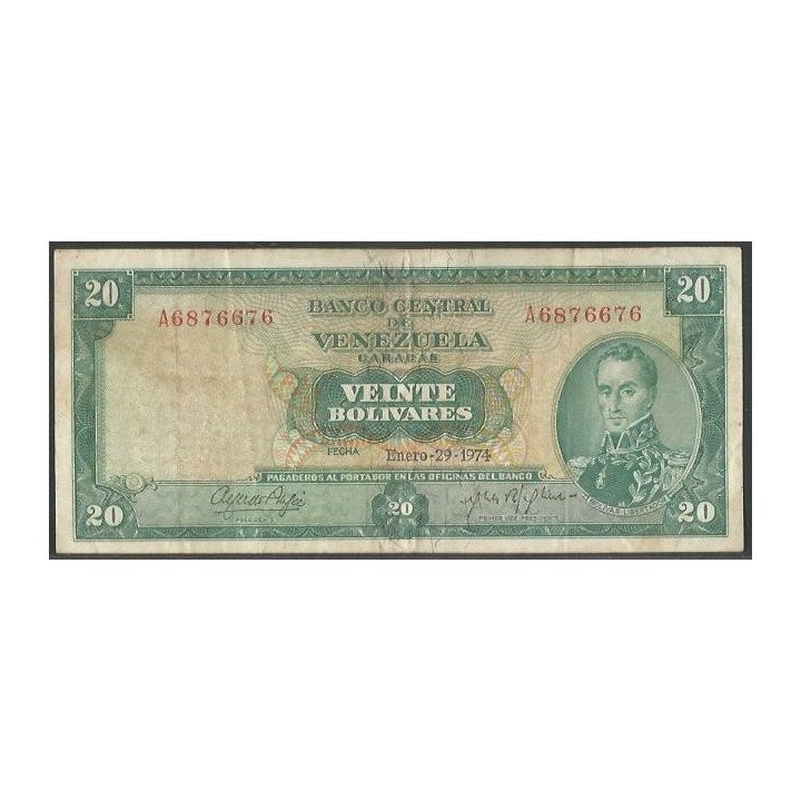 Venezuela 20 Bolivares 29 Ene 1974 A 7 Dig P46e